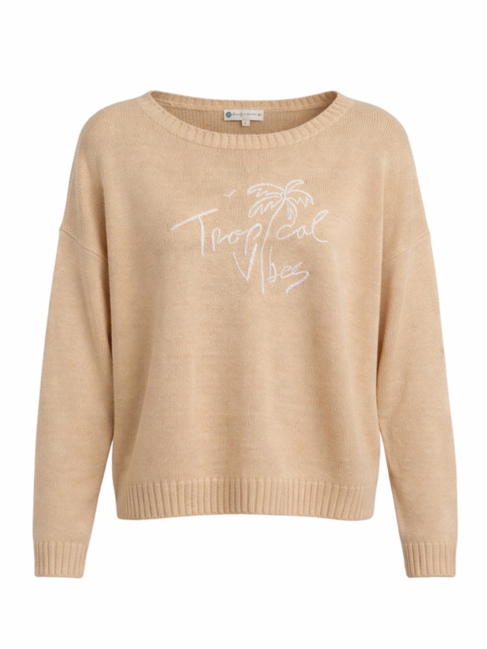 Tropical Vibes Sweater Women L Beige Cropped Knit Palm Tree Beach Coastal
